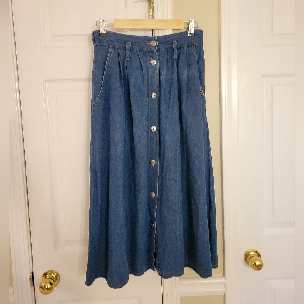 Vintage Cherokee Denim Pleated A-Line Midi Skirt Size 10